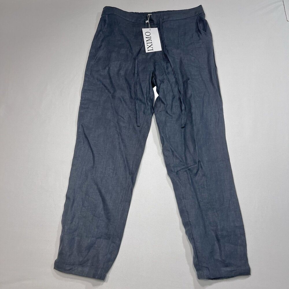 IXIMO Women's 100% Linen Casual Pants Pockets Elastic Waist Blue Gray Size L NWT